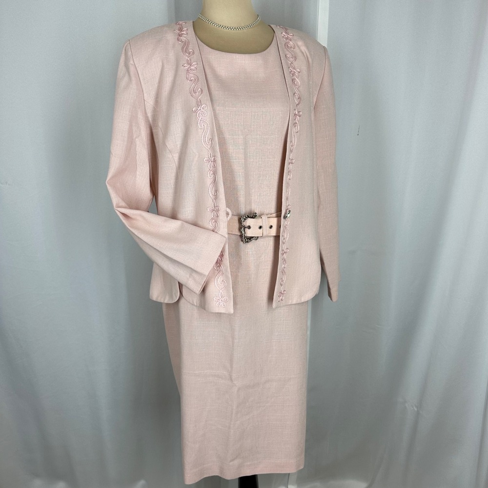 Leslie Fay Petite Pink Dress Suit Set Vintage Embroidered Jacket Belted 16P